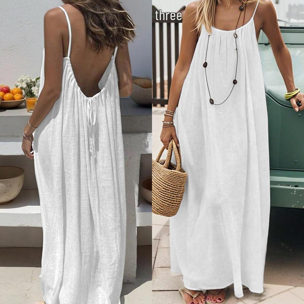 Backless Strappy Long Ice Silk Crinkle Dress - Summer 2026 Solid Color Shirring Beach Vacation Women's Clothing