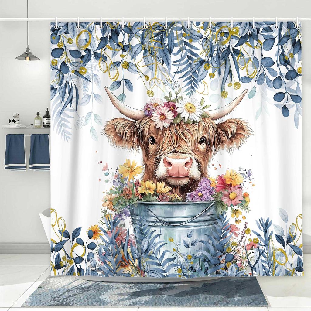 Cute Cow Bull Shower Curtain with Hooks Modern Fashion Funny Western Farm Animal Bathroom Curtain Polyester Bath Screen