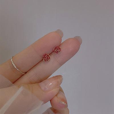 Colorful Red Rose Stud Earrings For Women, Japan And Korea, Fashion Temperament, Beautiful, Exquisite And Small Colorful Camellia Flower Earrings