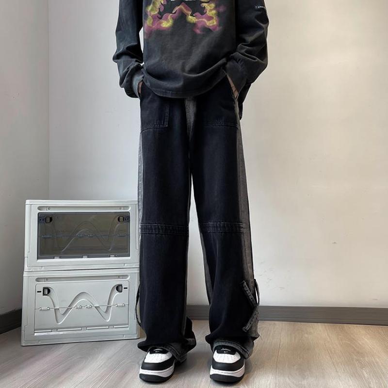 High Street Gradient American Wide Leg Jeans Men's Clothing Denim Pants Stylish Cross Spliced Vintage Young Style Loose Trousers