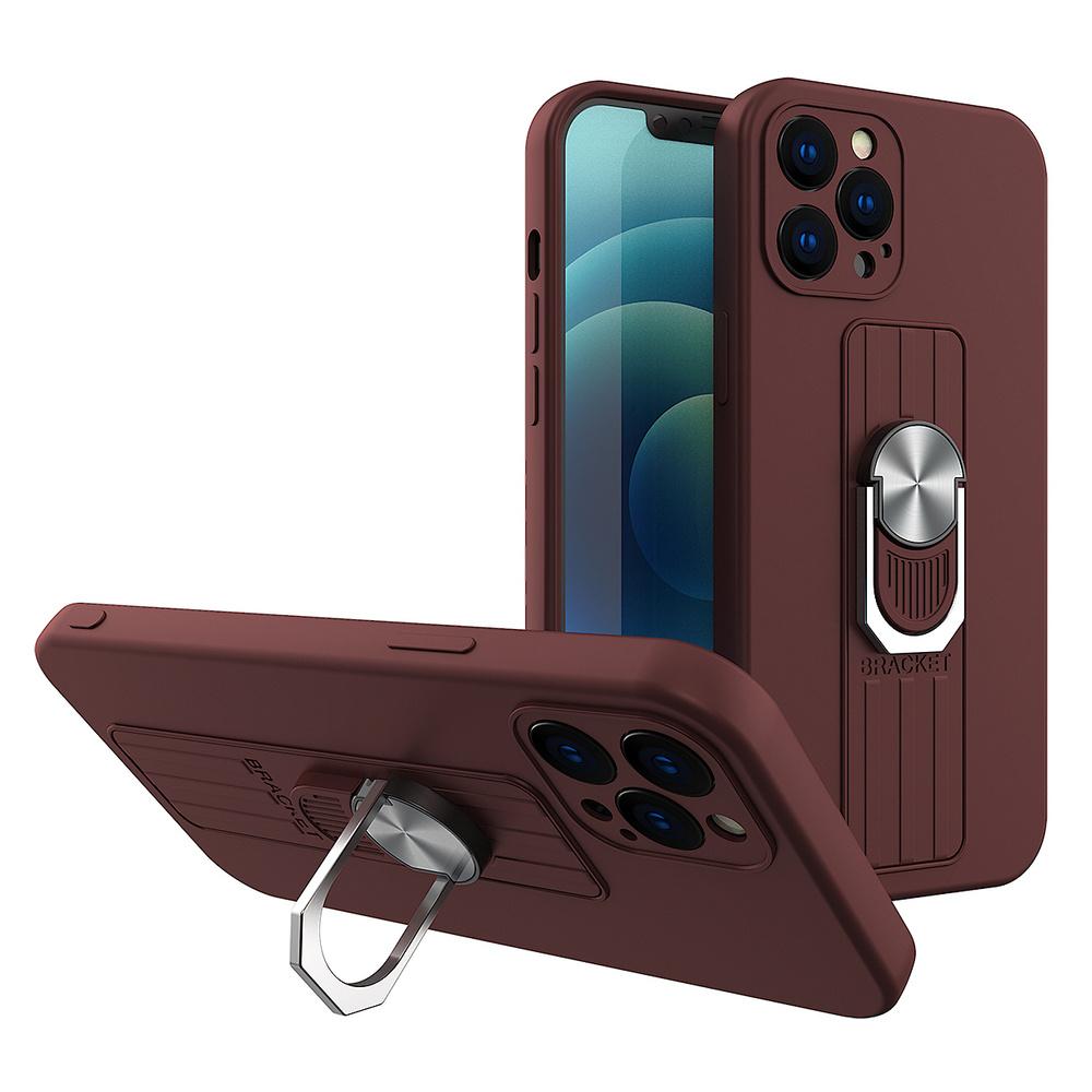 Silicone Ring Case with Finger Holder and Stand Compatible with iPhone 12 Pro Max - Brown
