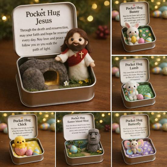 Boîte Hug de Poche de Pâques Figurine Jésus/Lapin/Mouton/Poussin/Papillon/Pierre en Feutre dans Boîte avec Carte Remplisseurs de Panier de Pâques Cadeau Inspirant pour Femmes