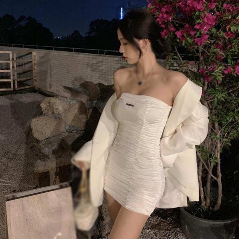 Women Dress Club Pleated Bodycon Dress Solid Color Strapless Slim Dress