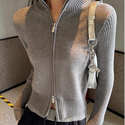 Autumn and Winter Stand-up Collar Stylish Design, Double-zipper Long-sleeved Knitted Cardigan, Slimming Top, Sweater Coat for Women