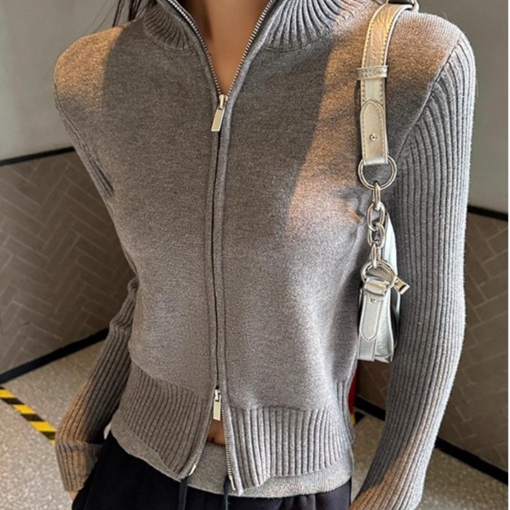 Autumn and Winter Stand-up Collar Stylish Design, Double-zipper Long-sleeved Knitted Cardigan, Slimming Top, Sweater Coat for Women