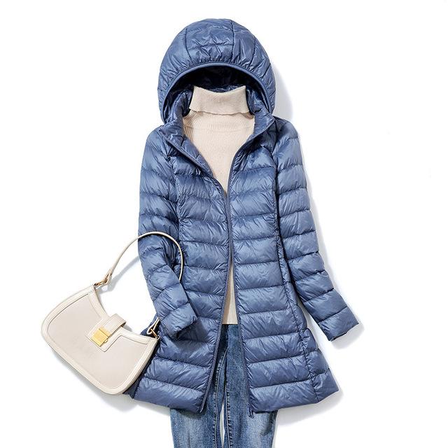 Botvotee Dlouhá zimní péřová bunda Ženy Nová móda Vintage Parka s dlouhým rukávem S kapucí Elegantní Ležérní Tenké Pevné Zipy Kabát