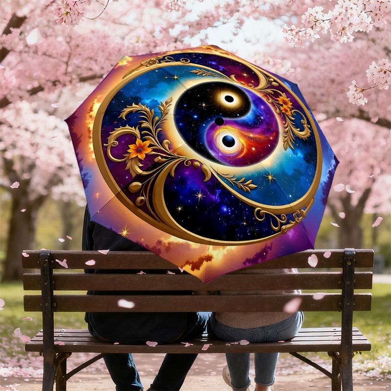 1PC Yin Yang Cosmic Automatic Open/Close Umbrella with Windproof, 8-Rib Sturdy Canopy, Durable Ribs, Fashionable Design, Outdoor Accessory, Fun Prin,