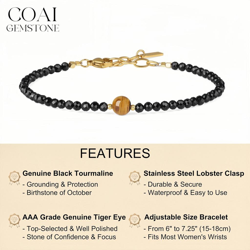 COAI 3mm Tiger Eye Black Tourmaline October Birthstone Amulet Bracelet for Women