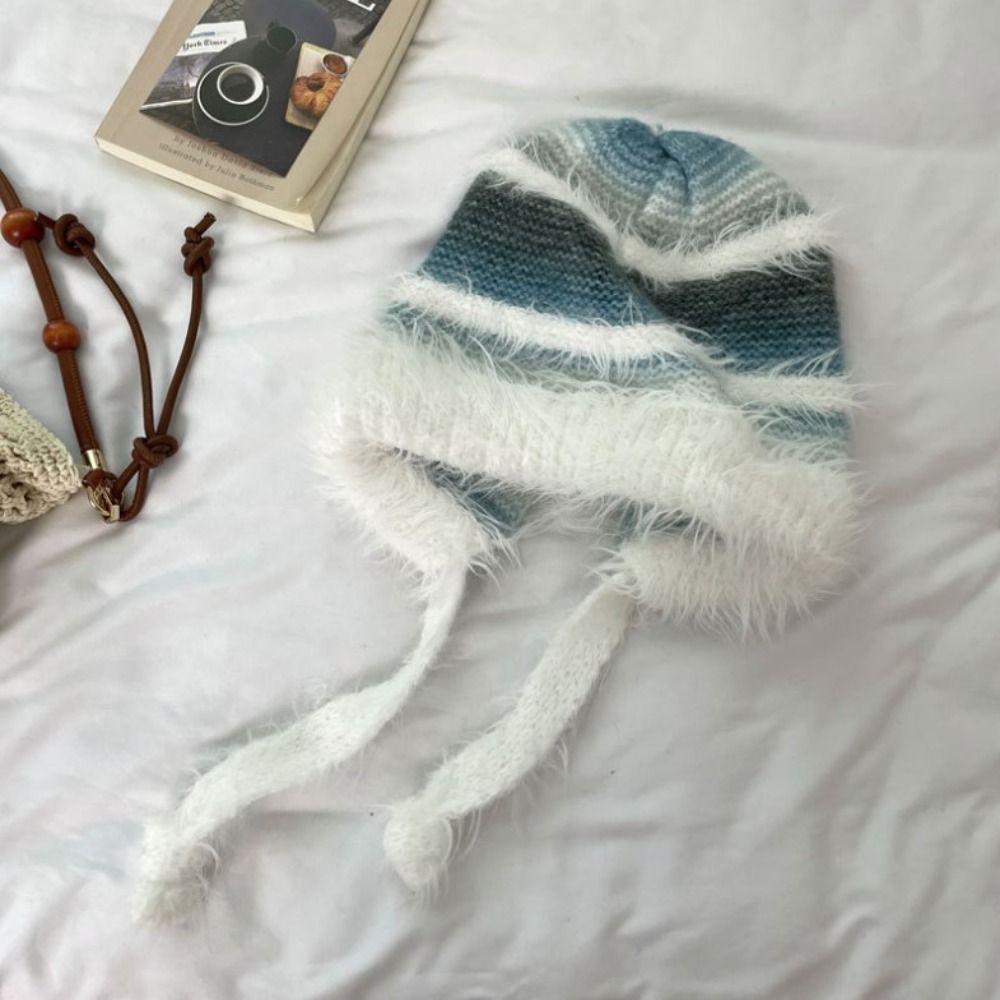New Design Y2k Handbag-hat Hand-crocheted Pullover Beanie Hat Winter Striped Drawstring Hat  Women