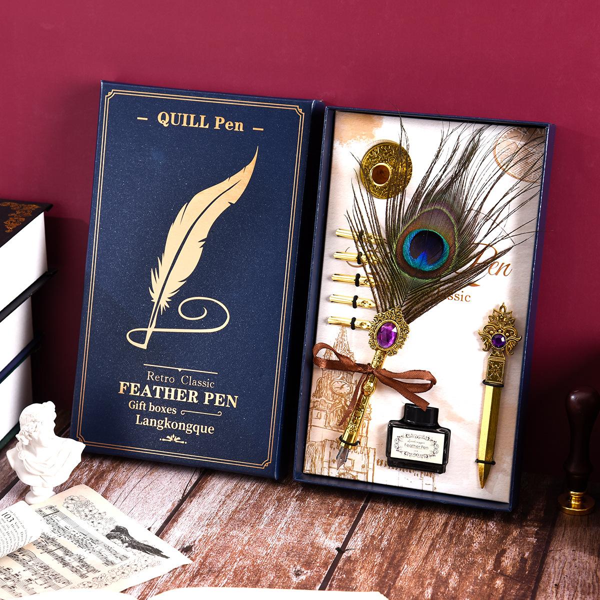 

Синяя коробка с круглым основанием, ручка с драгоценными камнями в виде павлина, подарочный набор, практика каллиграфии, подарочный лак