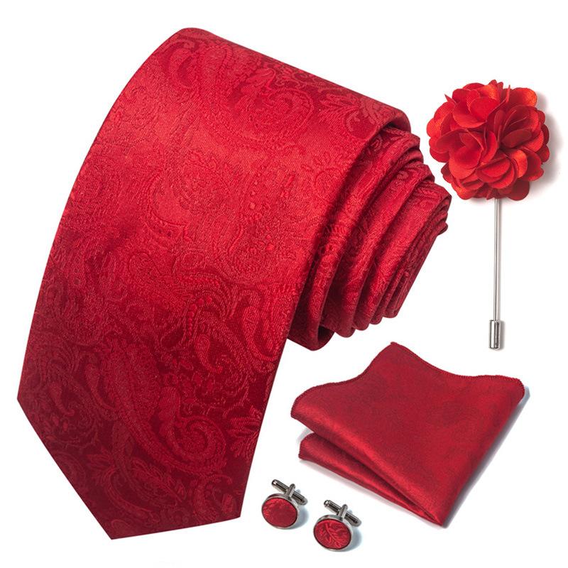 Men 8cm Wide Silk Wed Neck Tie Cufflinks Brooch Pin Handkerchief Business Wedding Party Suits Groom Accessories Gift