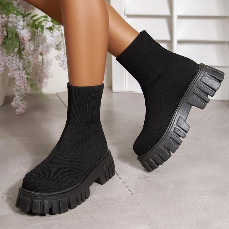 Fashion Fashion Black Slip On Platform Boots for Women Thick Sole Knitting Ankle Boots Woman Spring Autumn Comfort Non Slip Sock Booties