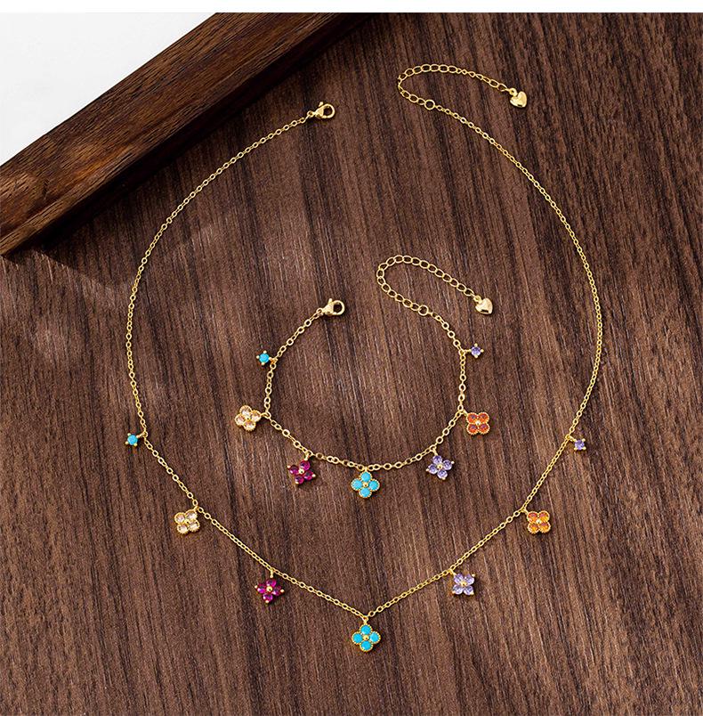 Vietnam Gold Minimalist Four-Leaf Clover Necklace & Zircon-Inlaid Flower Bracelet Set