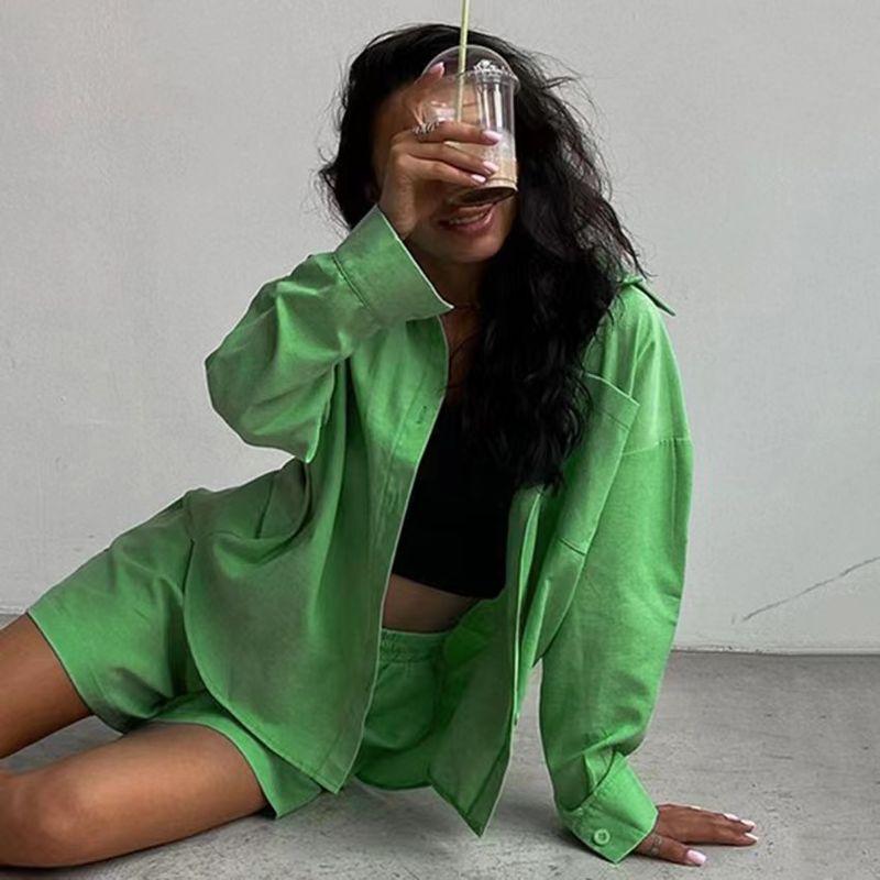 

Fashion Style New Arrival Cotton and Linen Suit French Style Casual Fashion Shirt Shorts Two-piece Set Shirt Shorts Set Green L