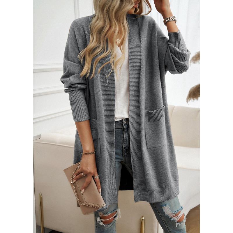 Women Bat Sleeve Cardigan Solid Color Knit Sweater Cardigan Coat