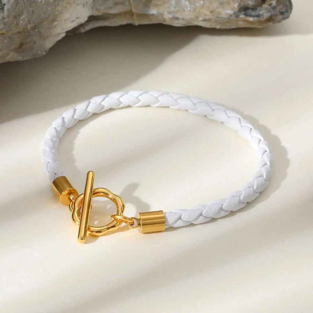 Prjewel Trendy Braided Leather Bracelet White Rope Stainless Steel Gold Color OT Lock Bracelet Women's Jewelry Mother's Day Gift