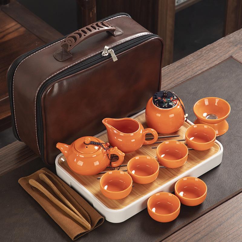 Travel ceramic Kung Fu tea set, tea tray, a full set of portable storage bags, practical business gifts for customers