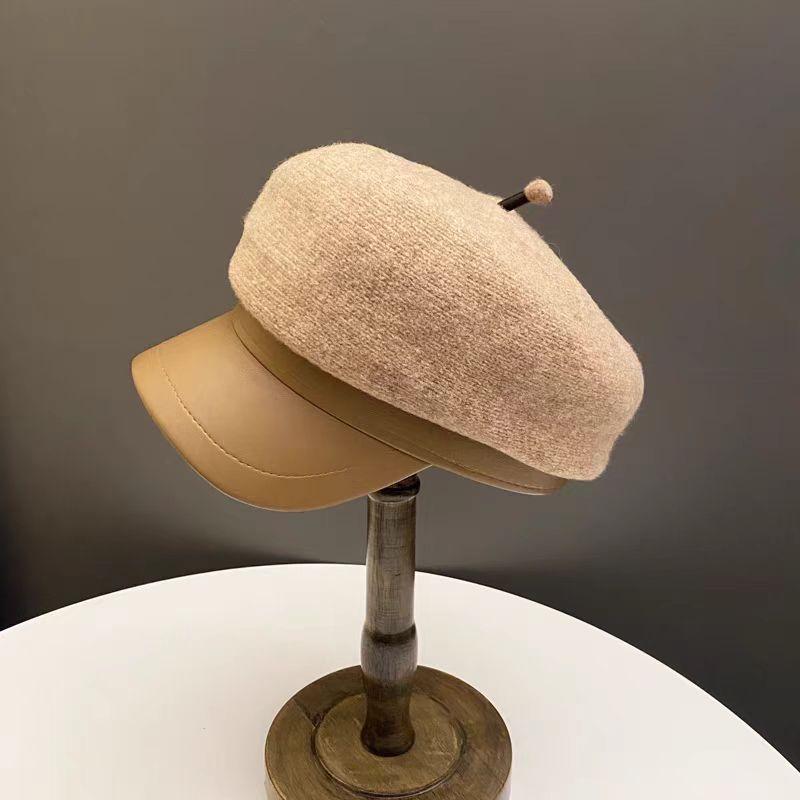 Simple PU Leather Brim Octagonal Hat Women's Autumn and Winter Woolen Peaked Cap Versatile Newsboy Hat