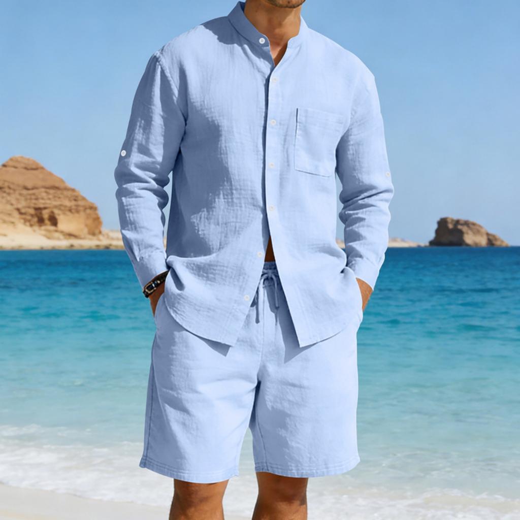 Men's American- Linen Casual Set Loose Long-sleeve Shirt And Shorts Set