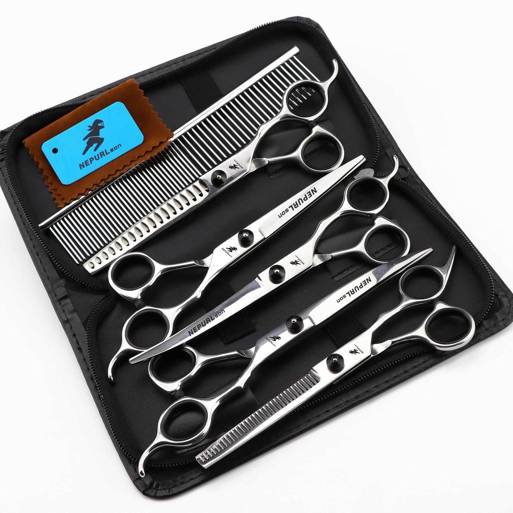 7-inch Napsun Black Pet Grooming Scissors Set: 4 Straight Shears, Fishbone Design, 3pcs 5pcs Options