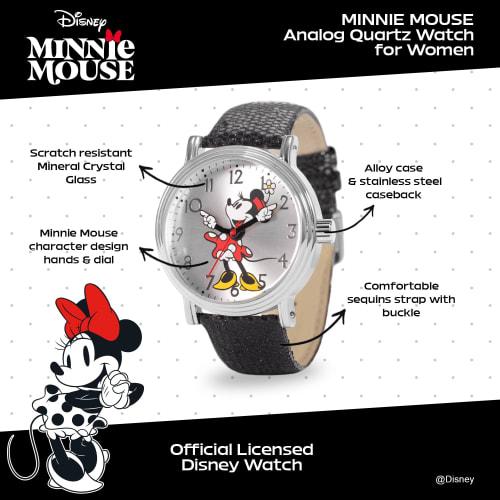 Disney Minnie Mouse Adult Vintage Articulating Hands Analog Quartz Watch, Black, Black Strap