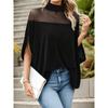 Women's High Neck Short Sleeve Mesh Batwing Top Loose Casual Elegant Blouse Solid Color Patchwork