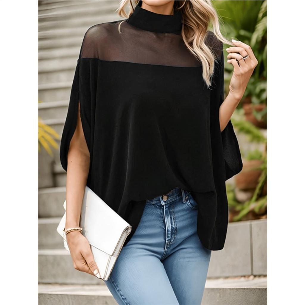Women's High Neck Short Sleeve Mesh Batwing Top Loose Casual Elegant Blouse Solid Color Patchwork