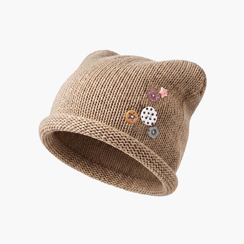 Soft girl wind cat ear button stack hat female autumn face small big head circumference headgear versatile knitted hat