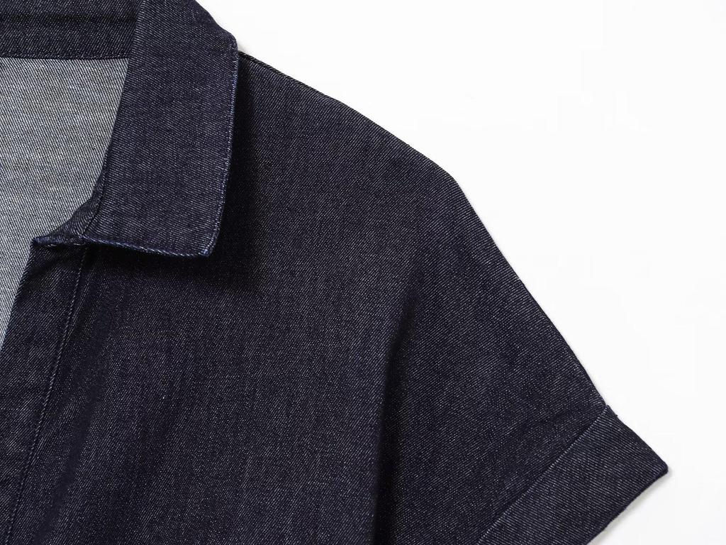 2025 Spring Women's European & American Style Short-Sleeve Denim Midi Dress with Turn-Down Collar