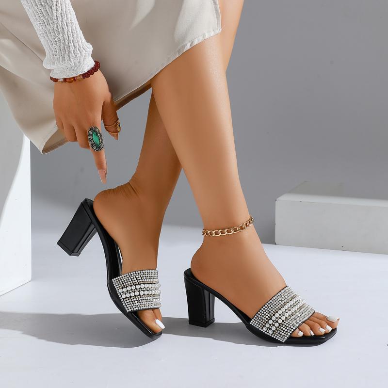 Fashion Elegant White Pearl Bead Decoration Strap Slip On Sandals Women 2025 Summer Square High Heels Slippers Fashion Wedding Shoes