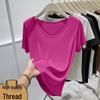 Women's Slim Fit V-neck Short-Sleeve T-shirt - Solid Color, Regular Shoulder, Body-hugging Base Layer for Spring/Summer.