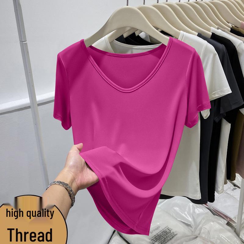 Women's Slim Fit V-neck Short-Sleeve T-shirt - Solid Color, Regular Shoulder, Body-hugging Base Layer for Spring/Summer.