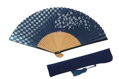 Folding Fan with Fan Gift Box Made In Japan Cherry Women's Case, Included, (Ichimatsu Blossom/Navy)