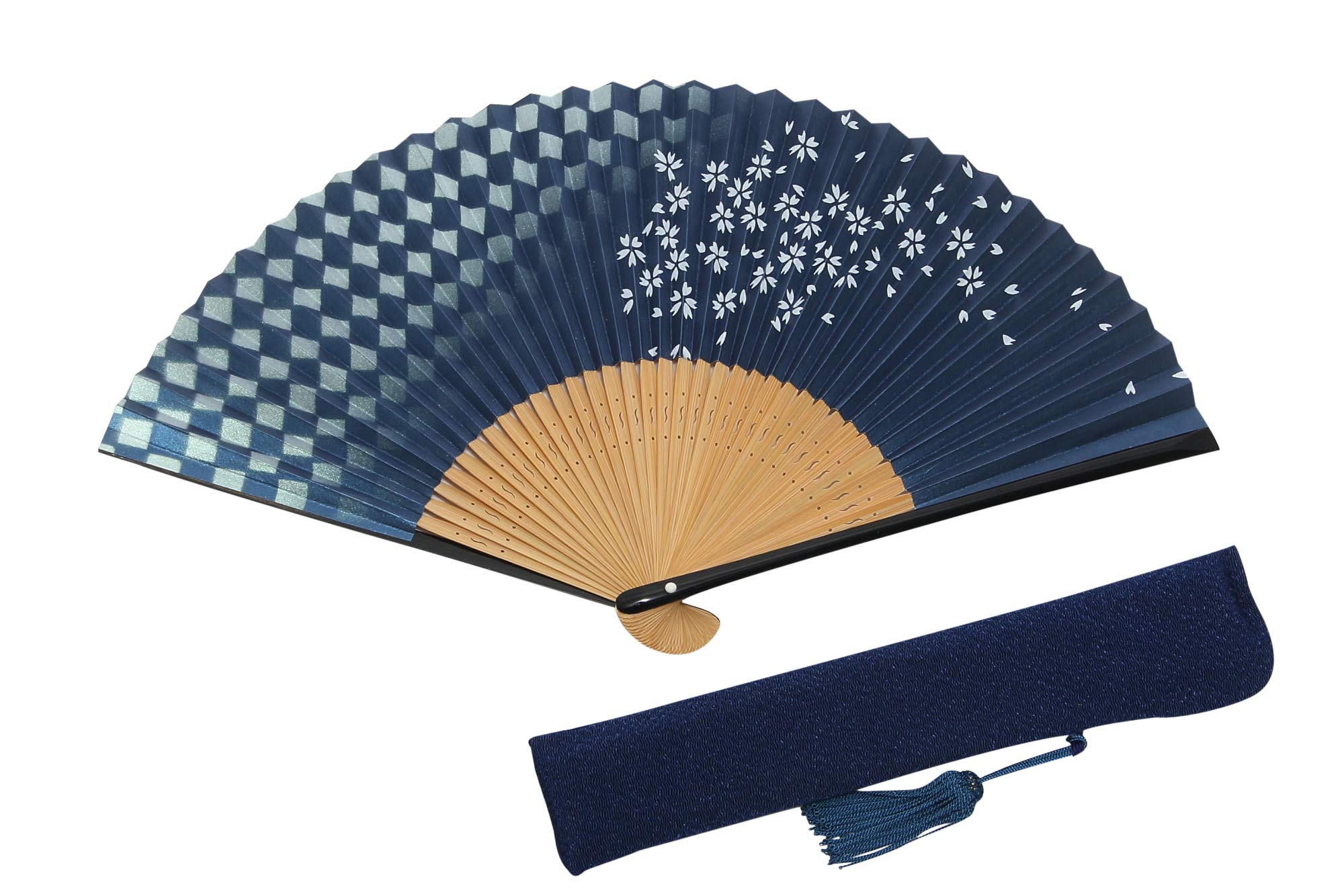 [Hasegawa] Women s Folding Fan with Fan Case, Gift Box Included, Made in Japan (Ichimatsu Cherry BlossomNavy)