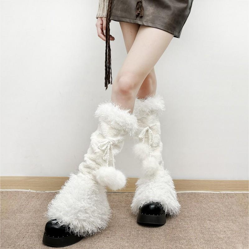 Y2K Fuzzy Leg Warmers With Pom Poms Chessboard Winter Thick Knit Tube Socks Women