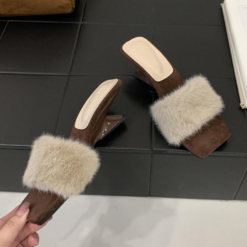 

Модные туфли-клинья Liyke в странном стиле с ажурной отделкой для женщин, меховые пушистые туфли на высоком каблуке, шлепанцы, модные сандалии для вечеринки, женские мюли, слайды 38 серый