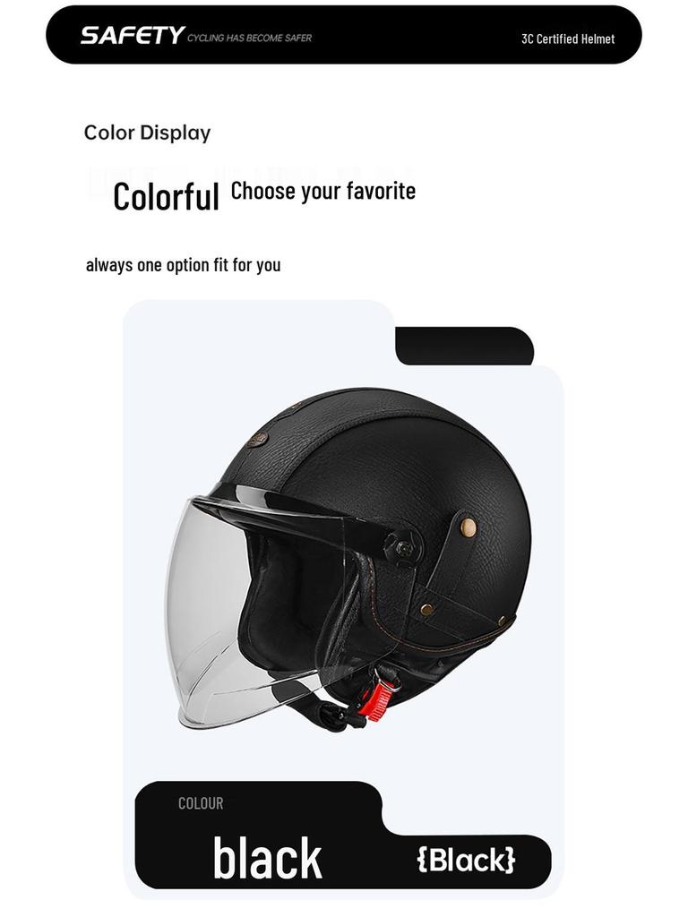 3C Certified Retro Motorcycle Half Helmet, Unisex Leather 3/4 Helmet, All-Season Warm Safety for Motorbikes & Electric Vehicles.