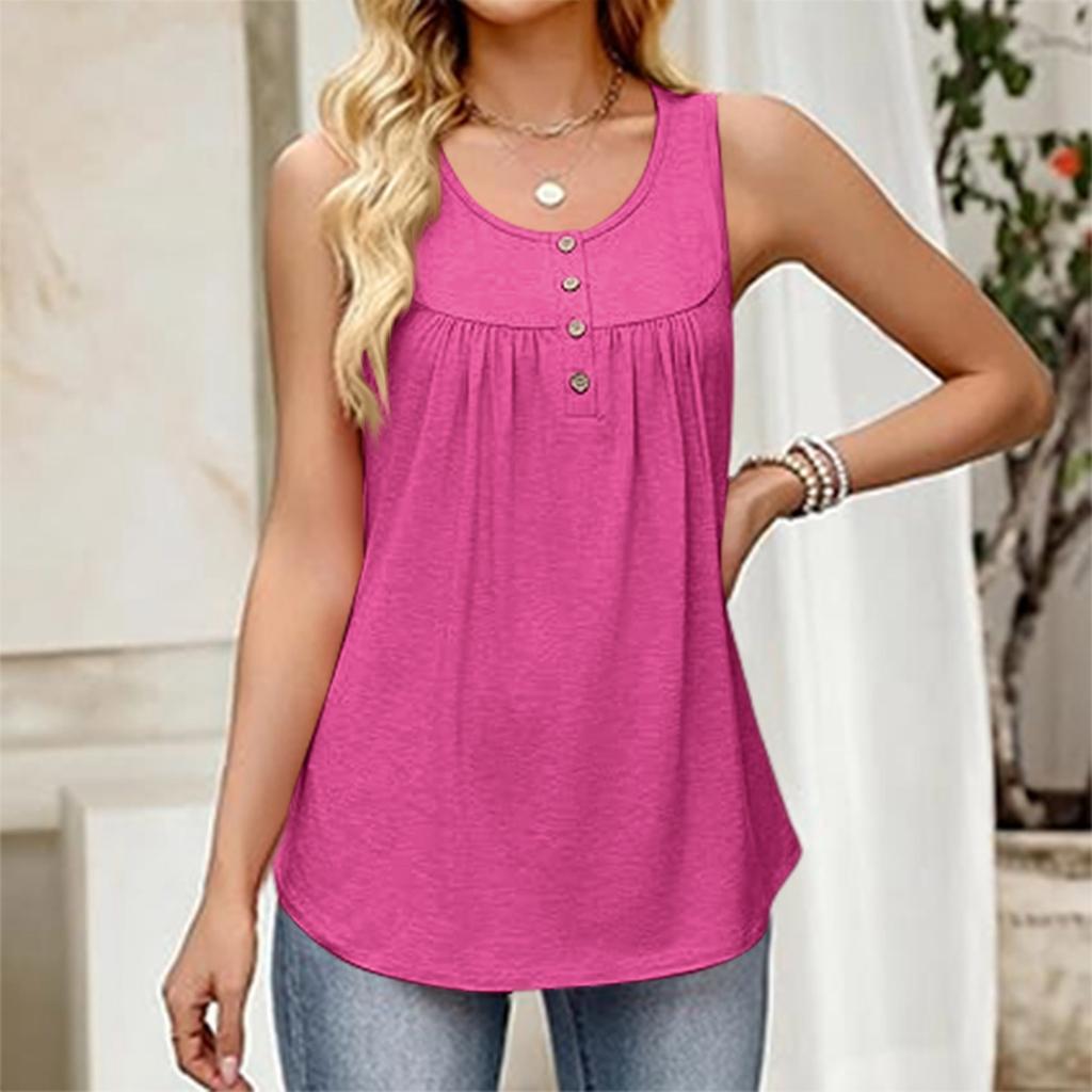 Women's Fashionable Plain Color, Round Neck, Button-Decorated Sleeveless Vest Top, Suitable For Both Inner And Outer Wear.