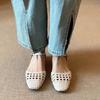 Sheepskin version~ literary and retro woven hollow low-heeled bag head shoes women's French one-word buckle outer wear leather sandals
