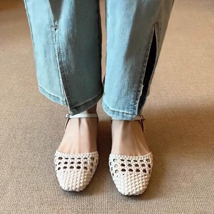 Sheepskin version~ literary and retro woven hollow low-heeled bag head shoes women's French one-word buckle outer wear leather sandals