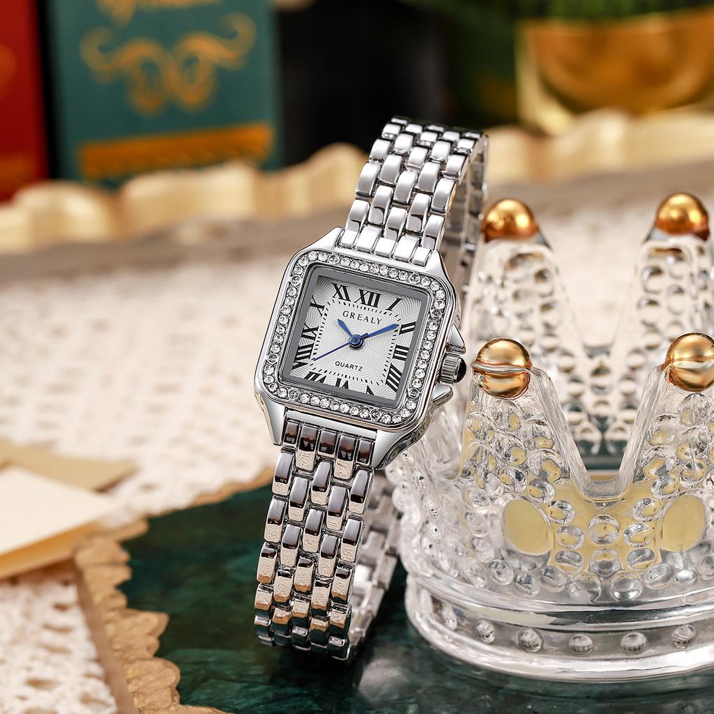 Ladies Exquisite Fashion High Appearance Level Roman Numerals Dial Square Dial Steel Band Quartz Watch.