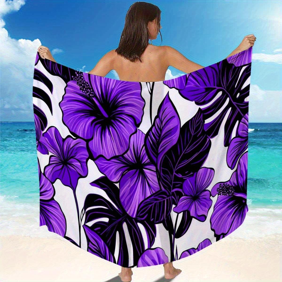 

1pc Purple Hibiscus Floral Beach Sarong Made from Super Soft Ultra-Fine Fiber - Large, Highly Absorbent, And Quick-Drying W30*H60(CM)