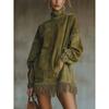 Women's High Neck Fringe Hem Mini Dress Long Sleeve Velvet Look Loose Autumn Winter Dress