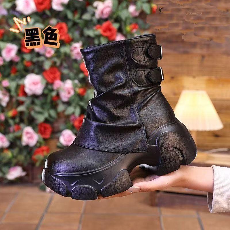 Fall/Winter  High Top Booties Fashion Round Toe Metal Buckle Side Zip Platform Versatile Pant Boots