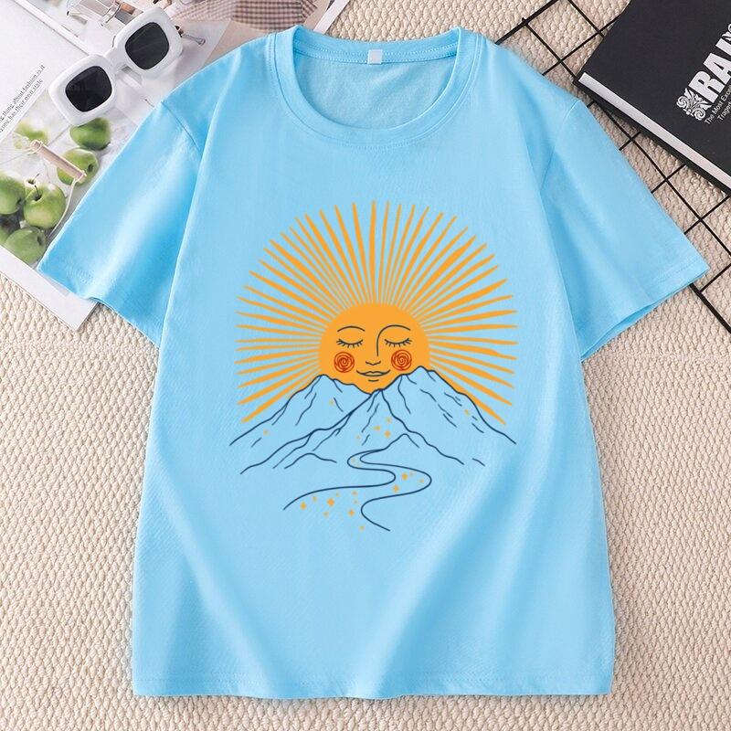 Boho Sun TShirt Comfortable Mountain Graphic Tee Casual Round Neck Celestial Nature Tee Boho Summer Hiking Tops Cotton Short