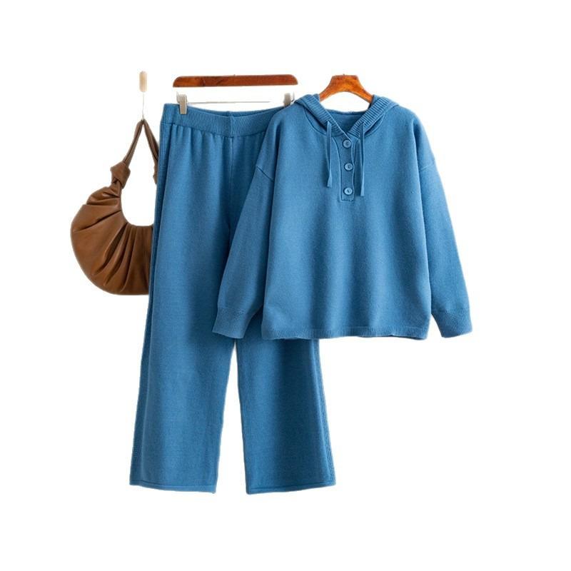 Knitted Suit Autumn and Winter New Hooded Loose Button Sweater + Wide-leg Pants Two-piece Set for Women
