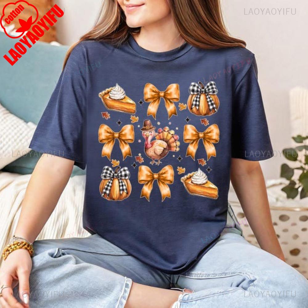 Thanksgiving Day Turkey And Snacks Autumn Vibes Printed TShirt Unisex Unisex Family Dinner Cotton T Shirts Unisex Streetwear Tops