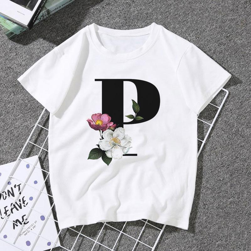 A B C D E English Alphabet Print T Shirt Women Short Sleeve Couples Lovers Female