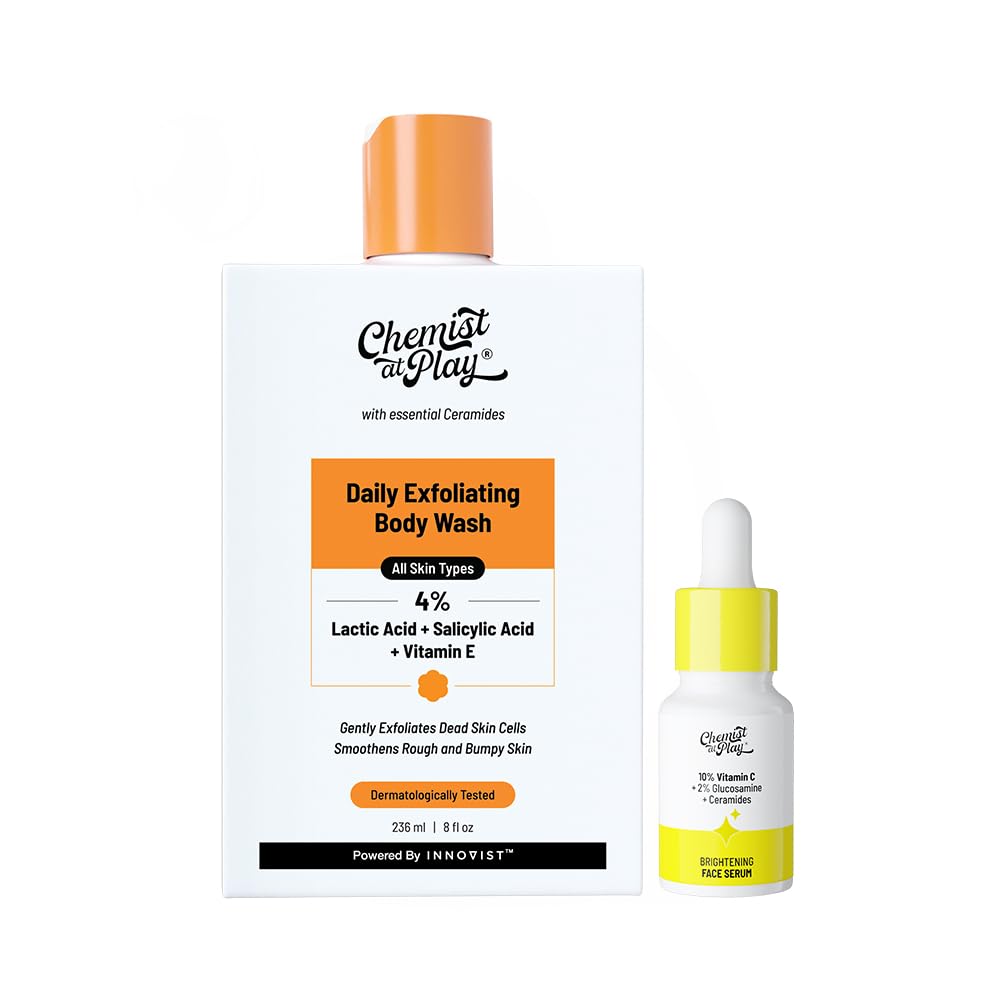 Chemist At Play Exfoliating Body Wash (236ml) + 10% Vitamin C Face Serum (10ml) | With Lactic Acid, Salicylic Acid, Vitamin E & Ethyl Ascorbic Acid