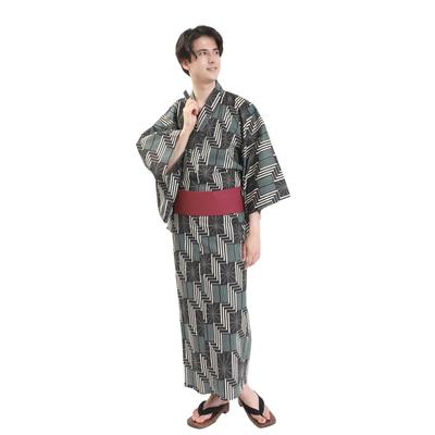 Fuuka Yukata Set Includes Waist and Geta Size and Hemp Leaf Pattern Z3210BMB251 Men's (4 Pieces) - Obi, Cord, (Geta) - M, Black, Green, (Wine) -